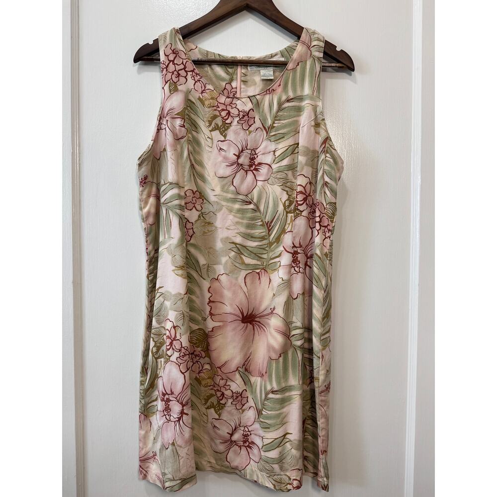 Vintage Hawaii Pink Green Floral 100% Silk Dress Sz L Cottagecore Resort Summer